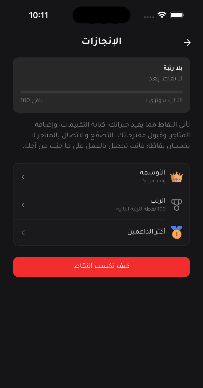 شاشة الإنجازات في بن باوند، وفيها تقدّم الرتبة والأوسمة وأكثر الداعمين