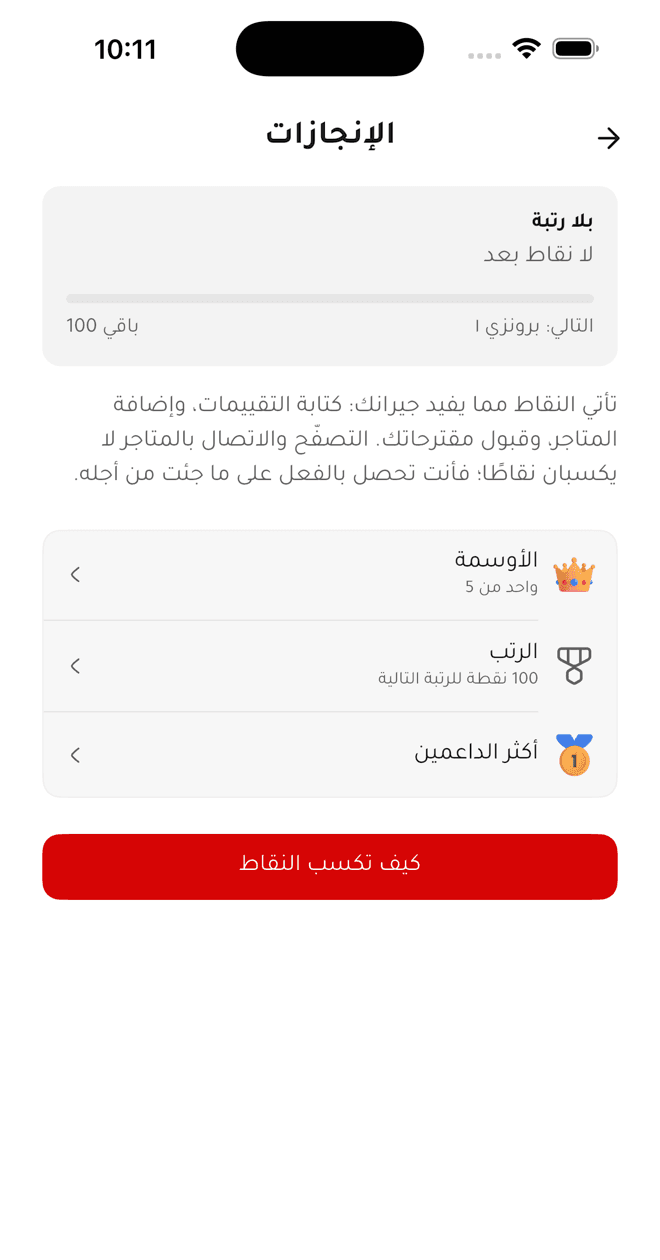 شاشة الإنجازات في بن باوند، وفيها تقدّم الرتبة والأوسمة وأكثر الداعمين