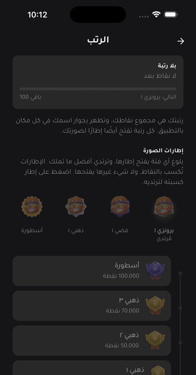 سلّم الرتب في بن باوند، من البرونزي للأسطورة، وإطار الصورة اللي بتفتحه كل رتبة