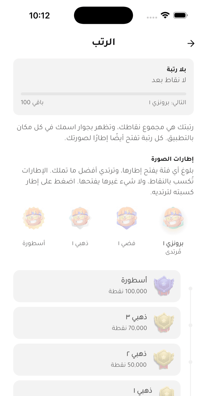 سلّم الرتب في بن باوند، من البرونزي للأسطورة، وإطار الصورة اللي بتفتحه كل رتبة