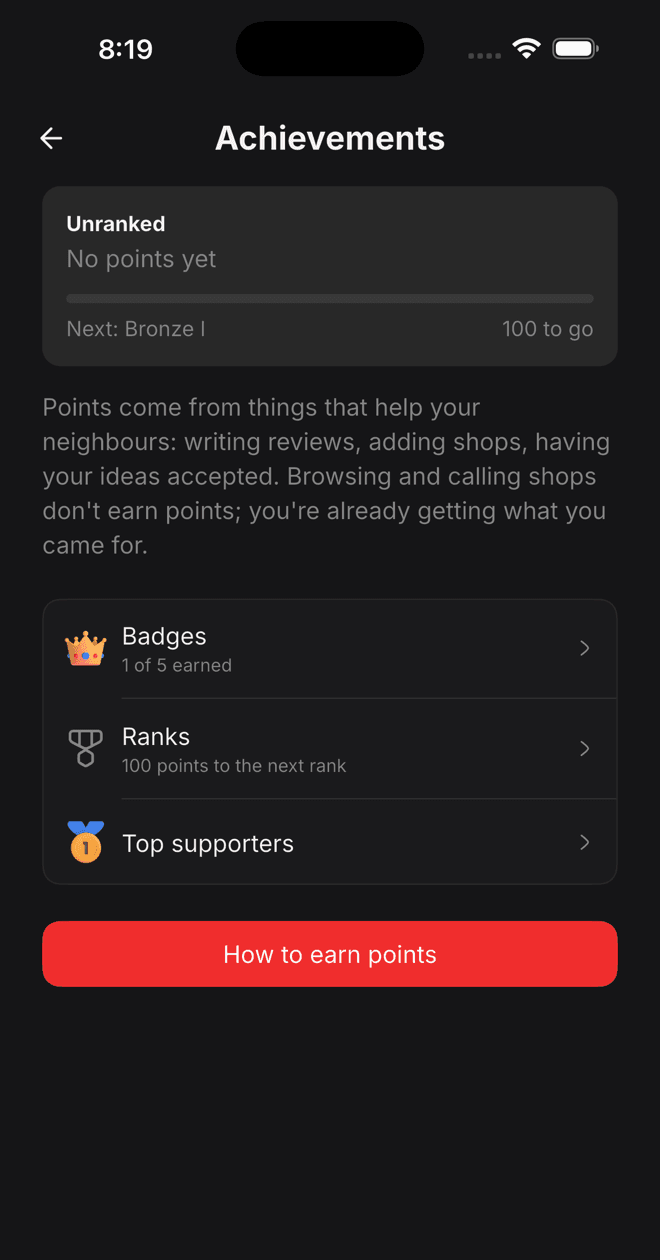 The Achievements screen in Pinpund, showing rank progress, badges and top supporters