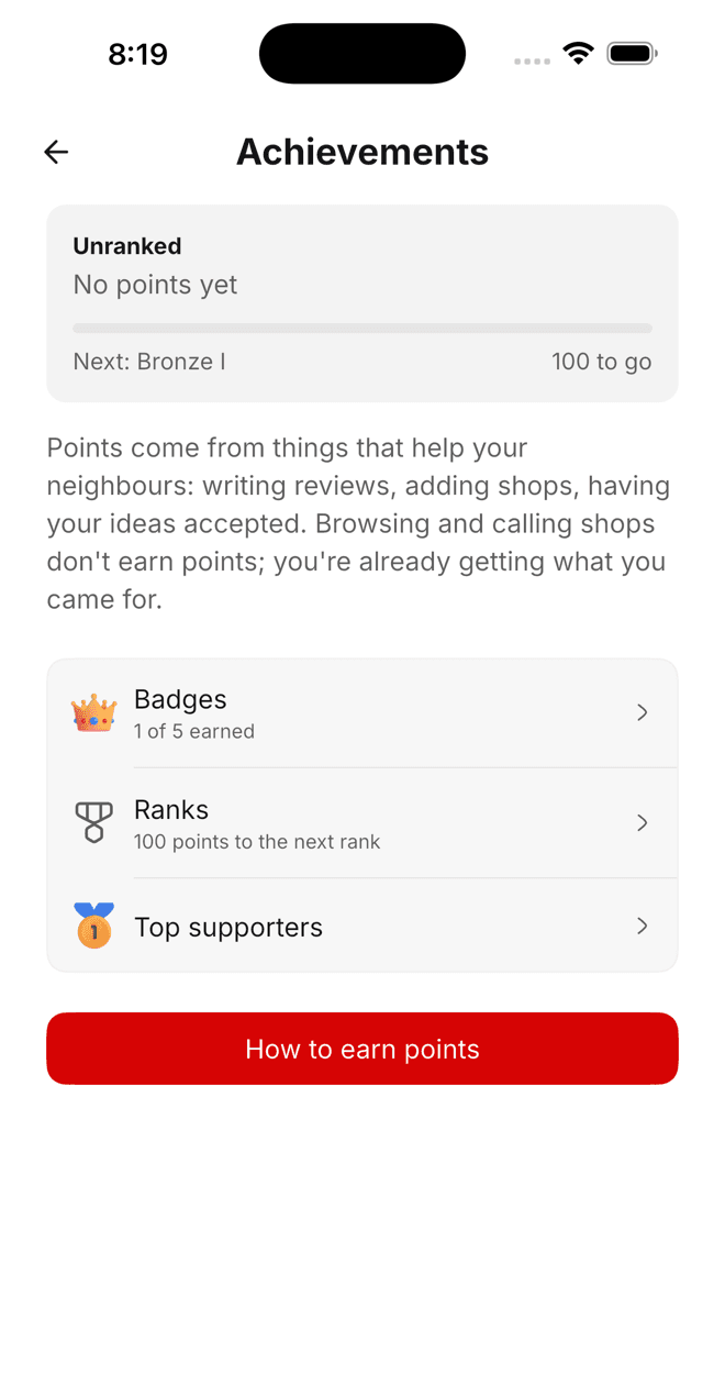 The Achievements screen in Pinpund, showing rank progress, badges and top supporters