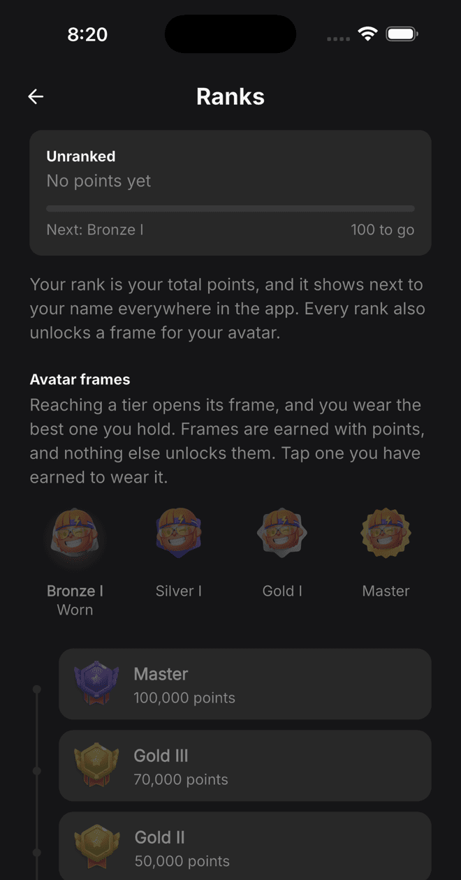 The ranks ladder in Pinpund, from Bronze to Master, with the avatar frame each one unlocks